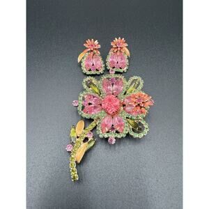 Vintage Alice Caviness Pink Flower Rhinestone Brooch Earring Set Vintage Jewelry